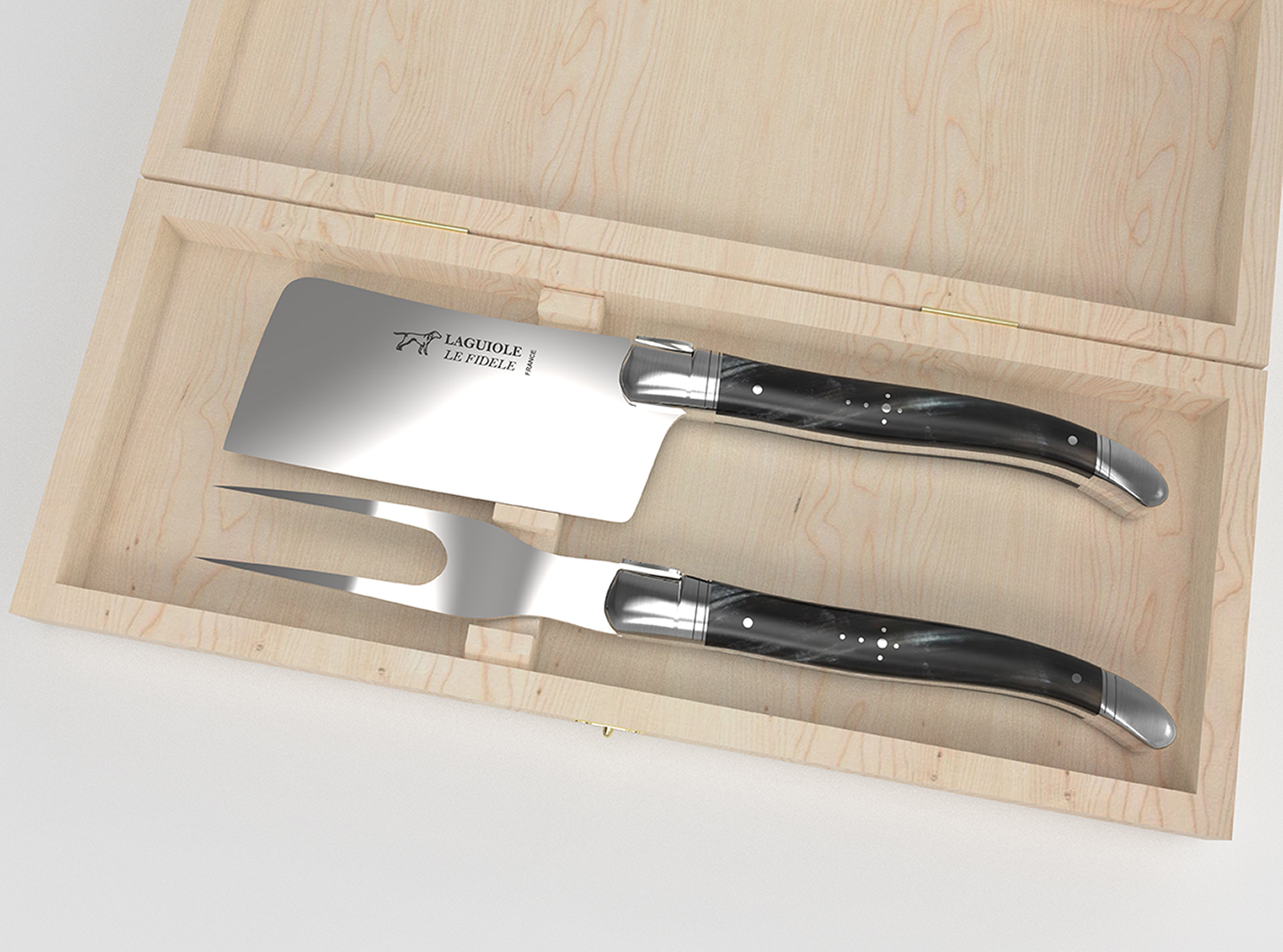 laguiole knife cheese service made in France with brown horn handle and stainless steel bolsters