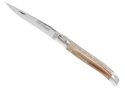 Couteau Laguiole avec un manche en pointe de corne blonde et 2 mitres inox image 1