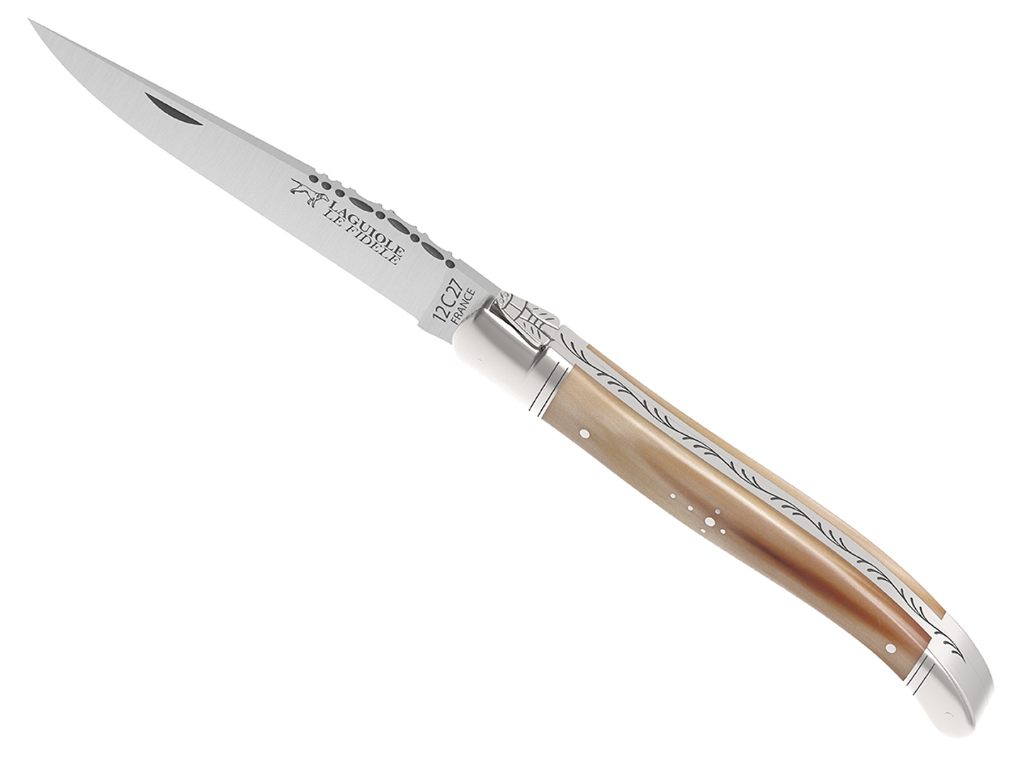 Laguiole knife with blond horn tip handle and 2 shiny steel bolsters - Traditional Laguiole knives