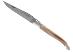 Couteau Laguiole avec un manche en pointe de corne blonde et 2 mitres inox image 2