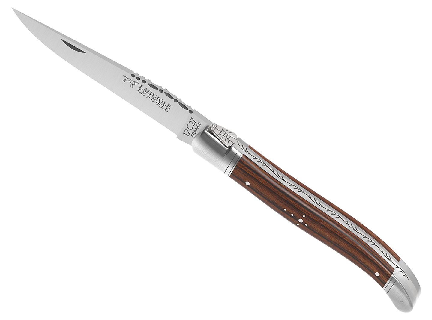 Couteau Laguiole manche bois de bocote avec 2 mitres en acier inoxydable