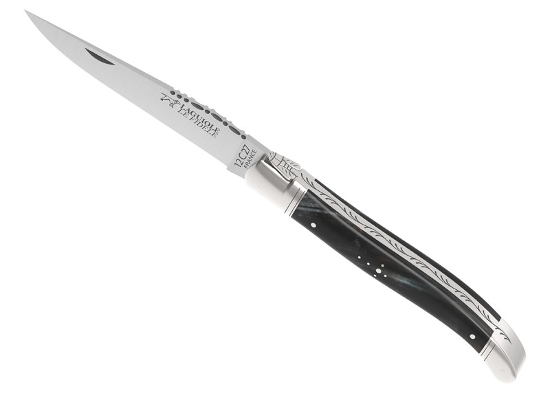 Couteau Laguiole avec un manche en corne brune et 2 mitres inox image 1