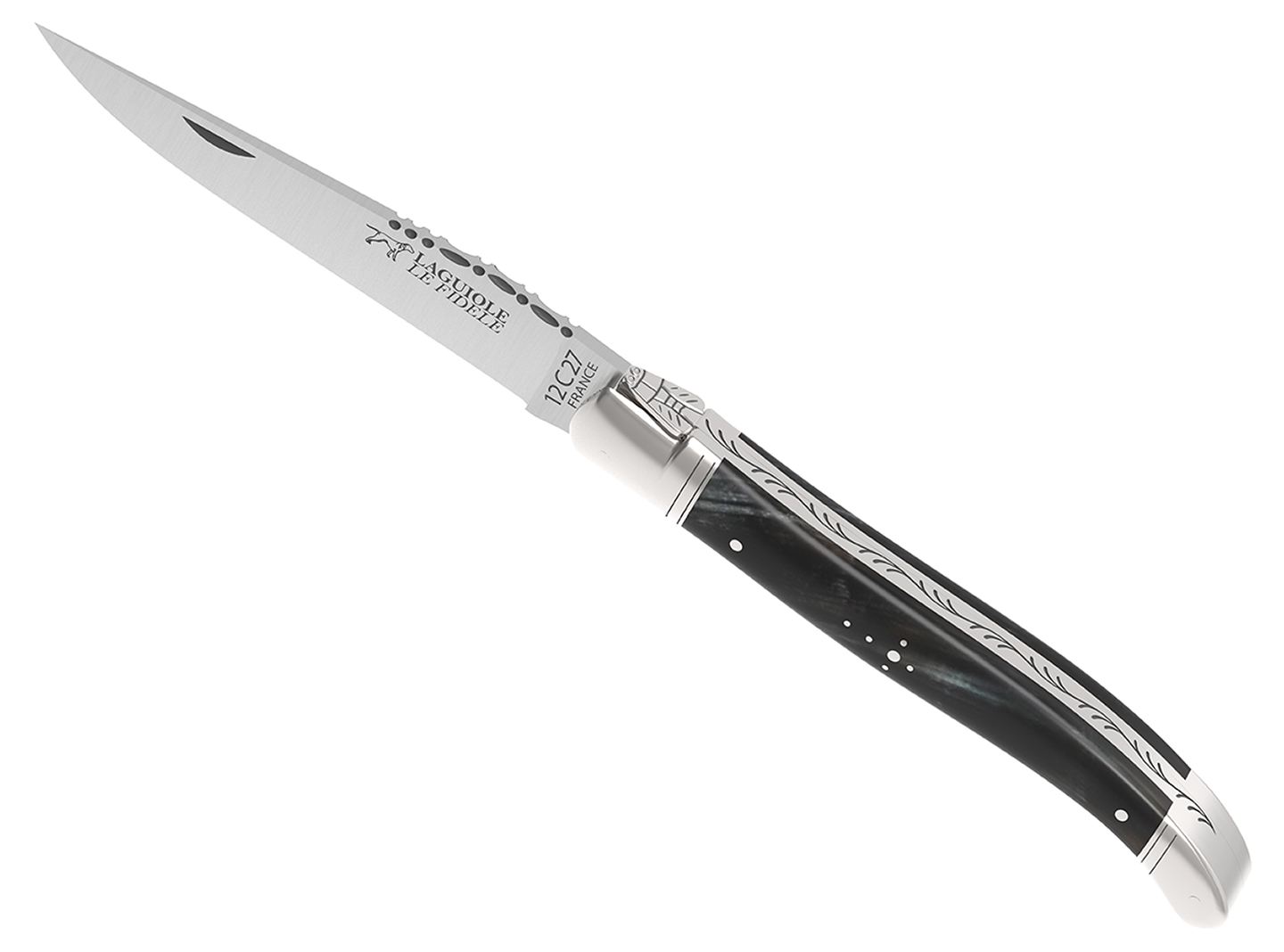 Couteau Laguiole manche corne brune avec 2 mitres en acier inoxydable
