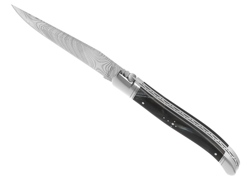 Couteau Laguiole collection damas avec un manche en corne brune et 2 mitres inox image 1