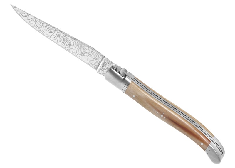 Couteau Laguiole collection damas avec un manche en pointe de corne blonde et 2 mitres inox image 1