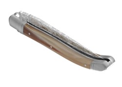 Couteau Laguiole collection damas avec un manche en pointe de corne blonde et 2 mitres inox image 5
