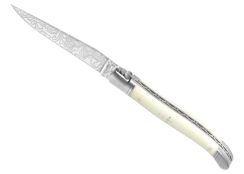 Couteau Laguiole collection damas avec un manche en os de bovin et 2 mitres inox image 1