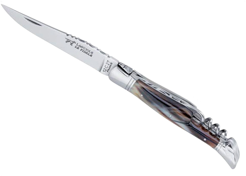 Rounded Laguiole Knife and corscrew , blond horn tip handle image 1